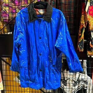 Vintage Inner View Bright Blue PU Rain Coat w/Corduroy Collar & Plaid Lining